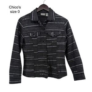 Chico's Black White Striped Metallic‎ Textured Button Front Jacket Size 0
